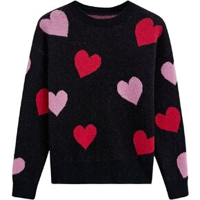CHICWISH Women Pullover Sweater Heart Pattern Knit Sweaters Casual Cute Crewneck Long Sleeve Chunky Valentines Tops