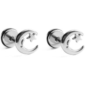 16G Star Moon Cartilage Stud Earrings for Women Men Boys Girls Fashion Cute Stainless Steel Flat Screw Back Helix Hypoallergenic Ear Piercing Jewelry Gifts Daughter Birthday Bff Xmas