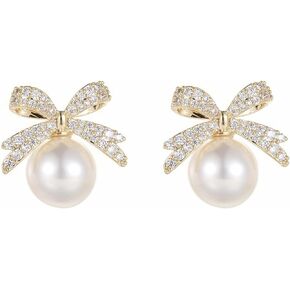 Pearl Bow Small Stud Earrings Gold Plated Dainty Charm Bowknot Ribbon Simulated Pearl Ball Chic Rhinestone Cubic Zirconia Earrings for Women Teen Girls Christmas Party Wedding Holiday Fashion Jewelry Gifts