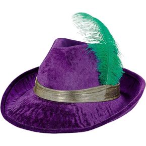Bold and Stylish Purple Mardi Gras Pimp Fedora in Fabric with Feather - 6"x 14" (Pack of 1) - Perfect for Carnivals & Parties