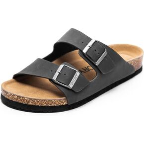 FITORY Mens Leather Insole Sandals with Two Buckles,Open Toe Slides for Indoor and Outdoor Size 7-13.5