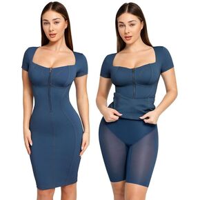 Popilush The Shapewear Dress Faux Denim Midi Pencil Dress Tummy Control Jean Bodycon Dress with Zipper for Women 2024