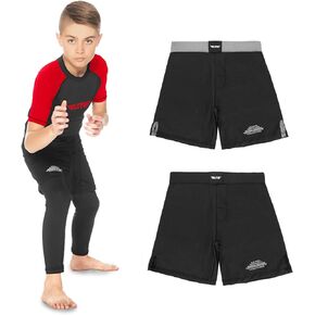 Elite Sports Kids MMA BJJ No GI UFC Grappling Shorts, Sports Shorts for Boys & Girls, Youth Jiu Jitsu Training Shorts Black