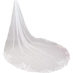 Vintage One Layer Cathedral Wedding Veil Floral Lace Appliqued Soft Tulle Dramatic Bridal Accessory