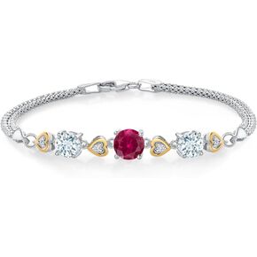 Gem Stone King 925 Sterling Silver and 10k Yellow Gold Red Created Ruby Sky Blue Aquamarine and White Lab Grown Diamond Bracelet For Women (3.13 Cttw, Round 7MM and 6MM, 6.5/7/7.5 Inch, Made In Italy)