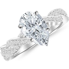 14K White Gold 3.5 Carat LAB GROWN DIAMOND Vintage Eternity Love Twisting Split Shank Pear Cut Diamond Engagement Ring With Milgrain (G-H Color VS1-VS2 Clarity 3 Ct Center)