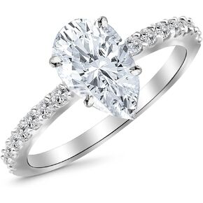 14K White Gold 1 Carat LAB GROWN IGI CERTIFIED DIAMOND Classic Side Stone Pave Set Pear Cut Diamond Engagement Ring (I-J Color SI1-SI2 Clarity 0.75 Ct Center)