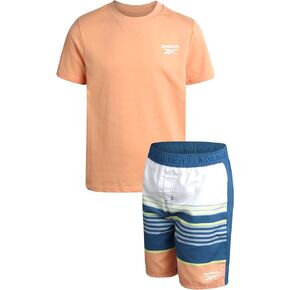 Reebok Boys' Rashguard Set - UPF 50+ Short Sleeve Sun Shirt and Bathing Suit Boardshorts - Swimwear Set for Boys (4-12)