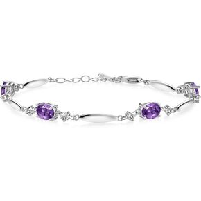 Gem Stone King 925 Sterling Silver Purple Amethyst and White Diamond Tennis Bracelet For Women | 3.26 Cttw | Gemstone February Birthstone | Oval 7X5MM | 6 Inch + 1 Inch Extender