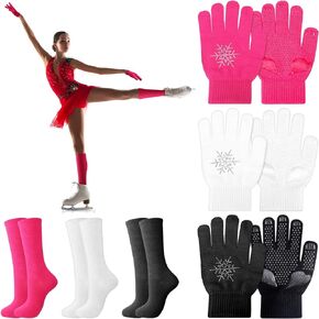 Hicarer 6 Pairs Figure Skating Gloves Socks Set Ice Skating Socks Anti Slip Gloves with Rhinestone Snowflakes Winter Gloves
