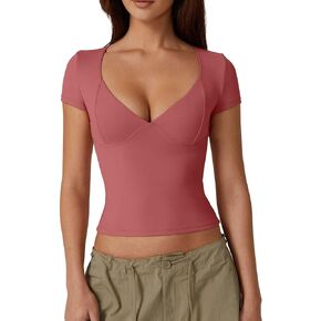 QINSEN Women's V Neck Short Sleeve T Shirts Double Lined Tee Seamed Cup Going Out Tops