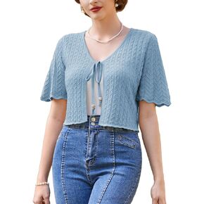 Belle Poque Women's Tie Front 1/2 Sleeve Bolero Shrug Sweaters Summer Lightweight Open Front Knit Cropped Cardigan Top in Saudi Arabia