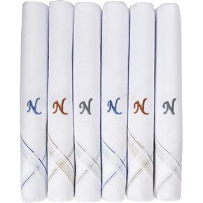 Caruso Italy Men's Initial Monogram Embroidery 100% Pure Cotton Handkerchief White Base With Colored Border - Pack Of 6