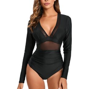 NESY Women's Long Sleeve Rash Guard Swimsuits One Piece Bathing Suit UV Protection Surfing Suit Zipper Printed Swimwear