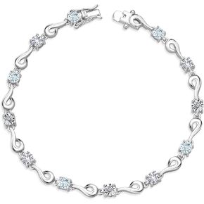 Gem Stone King 925 Sterling Silver Sky Blue Aquamarine and White Created Sapphire and White Lab Grown Diamond Bracelet For Women (2.27 Cttw, Gemstone March Birthstone, Round 4MM, 6.5, 7, 7.5 Inches)