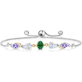 Gem Stone King 925 Silver and 10K Yellow Gold Green Created Emerald White Moissanite Blue Tanzanite and Lab Grown Diamond Tennis Bracelet for Women By Keren Hanan (1.45 cttw, Adjustable Up To 9 Inch)
