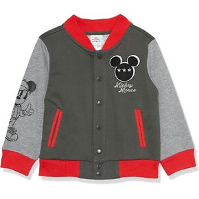 Disney Boys' Mickey Mouse French Terry Button Up Varsity Bomber Jacket Toddler to Big Kid