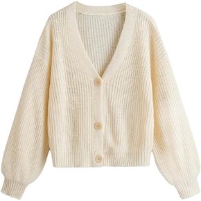 SweatyRocks Girl's Long Sleeve Drop Shoulder V Neck Button Front Ribbed Knit Cardigan Sweaters