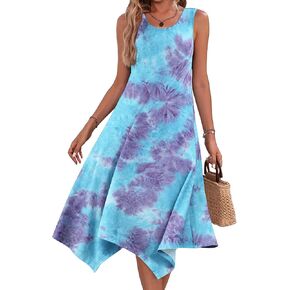 HOTOUCH Women's Casual Summer Dress Sleeveless Sundress Hankerchief Hem Midi Tank Dresses Beach Dress with Pockets