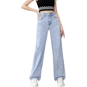 WDIRARA Girl's High Waist Zip Up Denim Pants Straight Leg Cargo Jeans with Pockets