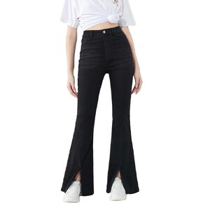 SweatyRocks Girl's Casual High Waisted Zip Up Jeans Flare Leg Split Hem Long Denim Pants
