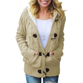 Dokotoo Womens 2023 Winter Hooded Cardigans Button Up Cable Knit Sweater Coat Outerwear with Pockets