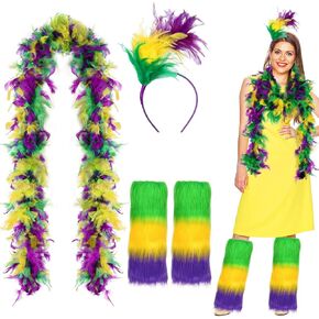 Mardi Gras Furry Leg Covers,Feathers Headband,Feather Boa for Women Girls Mardi Gras Costume Outfit Carnival Dress Up Accessories Set