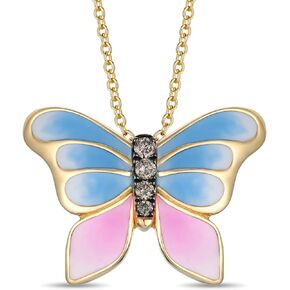 Chocolate Diamond with Blue and Pink Enamel Butterfly or Hummingbird Pendant Necklace for Women in 14k White or Yellow Gold (White/Brown, cttw) on 20 Inch Long Chain with Lobster Claw Clasp by LeVian