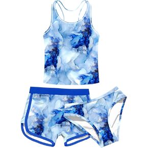 Enlifety 8-15T Girls Swimsuit 3 Piece Bathing Suit with Shorts Quick Dry Tankini Set