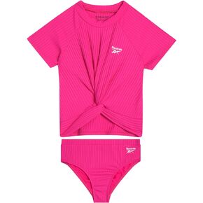 Reebok Girls' Bathing Suit - 2 Piece UPF 50+ Short Sleeve Tankini Bikini Swimsuit - 2 Piece Bathing Suit for Girls (4-12)