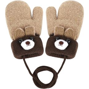 Knitted Wool Gloves Winter Warm Fluffy Full Finger Mittens Cute Cartoon Gloves Thicken Velvet Hanging Neck Mittens 0-3 Y