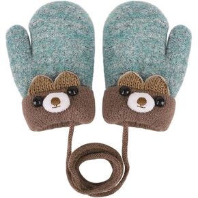Knitted Wool Gloves Winter Warm Fluffy Full Finger Mittens Cute Cartoon Gloves Thicken Velvet Hanging Neck Mittens 0-3 Y