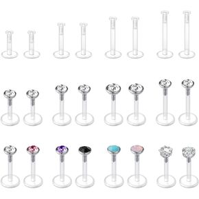 JFORYOU 16G 24Pcs Clear Lip Labret Medusa Piercing Studs Jewelry Flat Plastic Back Lip Rings Retainer Push Fit Bioflex Piercing for Monroe Ashelry Tragus Helix 6mm 8mm 10mm 12mm for Work