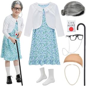 Z-Shop Old Lady Costume for Girls 100th Day of School Costume Grandma Granny Dress with Wig for Kids