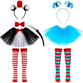 QZYL 2 مجموعة ملابس تنكرية للفتيات، مجموعة أزياء القطة والشيء الأزرق التأثيري توتو فستان قبعة علوية ذيل حصان عقال جوارب للحفلات in Kuwait