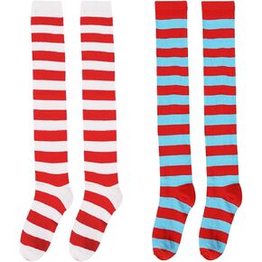 2 Pairs Striped Socks Over Knee Thigh High Stockings for Dr Seuss Women Girls Thing 1 Thing 2 Costume Accessory