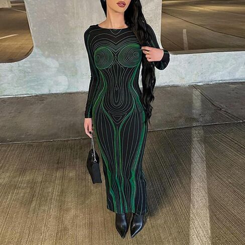 فستان SHESEEWORLD نسائي مثير ثلاثي الأبعاد مطبوع بأكمام طويلة Y2k Bodycon ملفوف من الأمام أساسي جمالي للحفلات والنوادي ماكسي in Kuwait