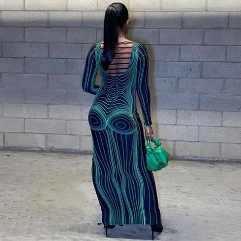 فستان SHESEEWORLD نسائي مثير ثلاثي الأبعاد مطبوع بأكمام طويلة Y2k Bodycon ملفوف من الأمام أساسي جمالي للحفلات والنوادي ماكسي in Kuwait