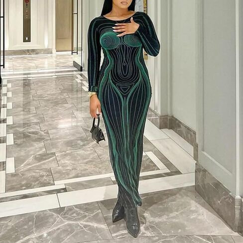 فستان SHESEEWORLD نسائي مثير ثلاثي الأبعاد مطبوع بأكمام طويلة Y2k Bodycon ملفوف من الأمام أساسي جمالي للحفلات والنوادي ماكسي in Kuwait