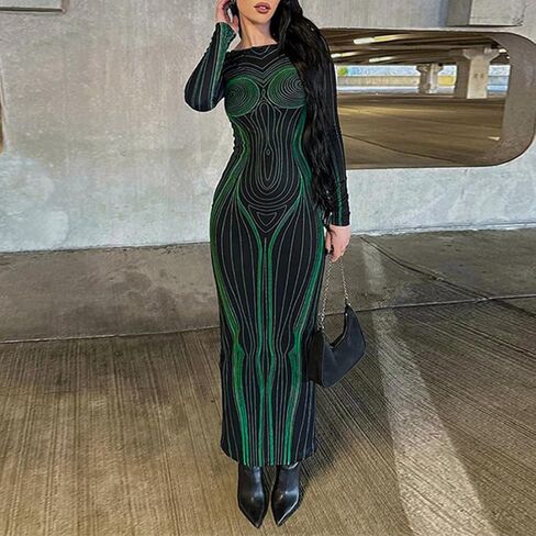 فستان SHESEEWORLD نسائي مثير ثلاثي الأبعاد مطبوع بأكمام طويلة Y2k Bodycon ملفوف من الأمام أساسي جمالي للحفلات والنوادي ماكسي in Kuwait