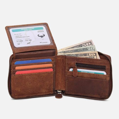 ALPHAHIDE Men RFID Blocking Wallet - Genuine Cowhide Leather - Bifold Zip-Around - Zipped Coin Pocket (Tan Hunter) in Saudi Arabia