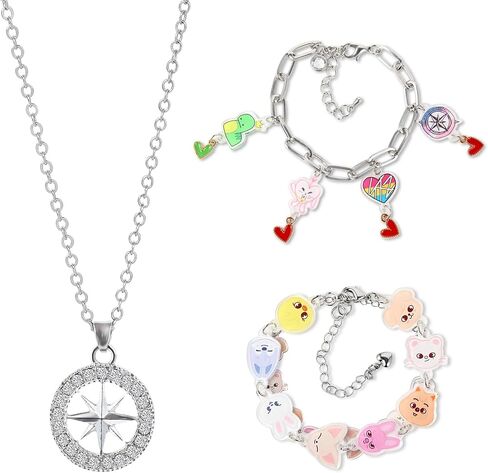 فاتي مجموعة هدايا من 3 قطع من سكزو على شكل حيوانات وسوار من الاكريليك، سوار من خليط معدني مع دلايات لطيفة من الاكريليك بتصميم ديناصورات ماكسيدنت ستاي، قلادة بوصلة كيه بوب للمعجبين والفتيات in Kuwait