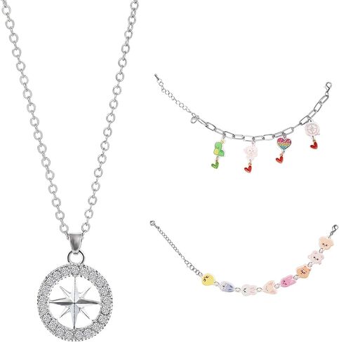 فاتي مجموعة هدايا من 3 قطع من سكزو على شكل حيوانات وسوار من الاكريليك، سوار من خليط معدني مع دلايات لطيفة من الاكريليك بتصميم ديناصورات ماكسيدنت ستاي، قلادة بوصلة كيه بوب للمعجبين والفتيات in Kuwait