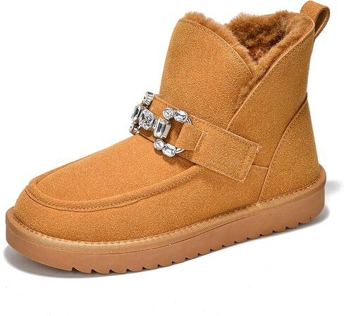 Cape Robbin Prumery Mini Chunky Boots for Women with Gem-Adorned Buckles - Cozy Boots with Memory Foam Insole - Faux Fur Lined Suede Booties - Ladies Winter Boots in Saudi Arabia