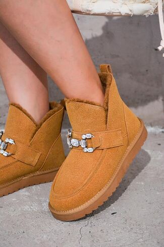 Cape Robbin Prumery Mini Chunky Boots for Women with Gem-Adorned Buckles - Cozy Boots with Memory Foam Insole - Faux Fur Lined Suede Booties - Ladies Winter Boots in Saudi Arabia