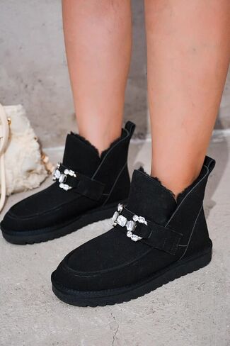 Cape Robbin Prumery Mini Chunky Boots for Women with Gem-Adorned Buckles - Cozy Boots with Memory Foam Insole - Faux Fur Lined Suede Booties - Ladies Winter Boots in Saudi Arabia