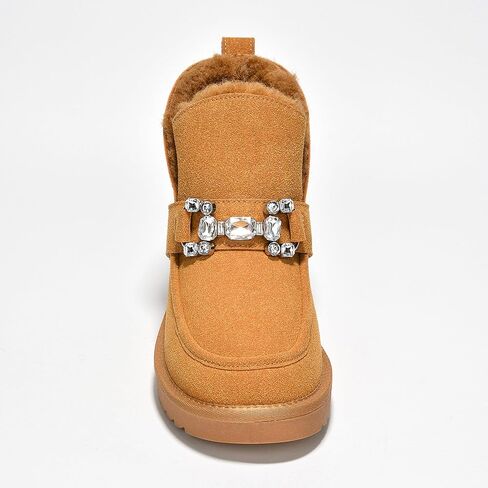 Cape Robbin Prumery Mini Chunky Boots for Women with Gem-Adorned Buckles - Cozy Boots with Memory Foam Insole - Faux Fur Lined Suede Booties - Ladies Winter Boots in Saudi Arabia