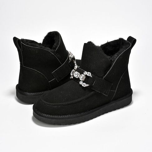 Cape Robbin Prumery Mini Chunky Boots for Women with Gem-Adorned Buckles - Cozy Boots with Memory Foam Insole - Faux Fur Lined Suede Booties - Ladies Winter Boots in Saudi Arabia