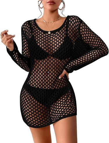 AILUNSNIKA Crochet Swimsuit Cover Up Mesh Long Sleeve Bikini Cover Up Knit Beach Dress in Saudi Arabia