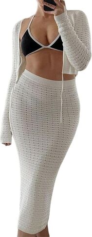 Women's 2 Piece Crochet Swimsuit Cover Up Hollow Out Crop Knitted Tank Top and Skirt Set Beachwear in Saudi Arabia
